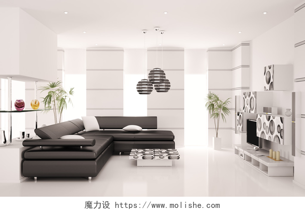 3D渲染现代客厅布局黑色沙发客厅装修展示现代客厅内部3D渲染